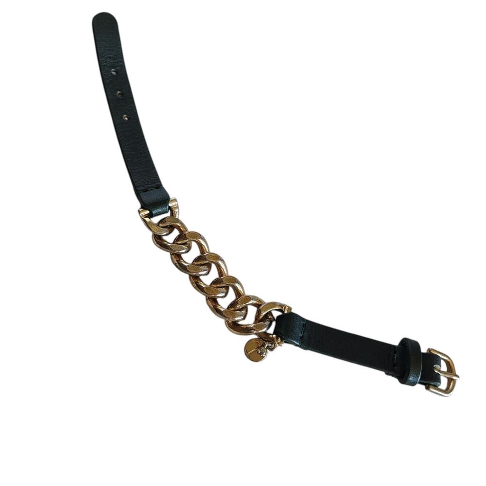 Talbots Gold Tone Link Black Leather Buckle Bracelet Moto Retro Punk